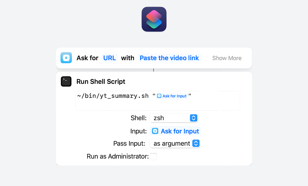 Mac Shortcuts workflow showing the 5 actions